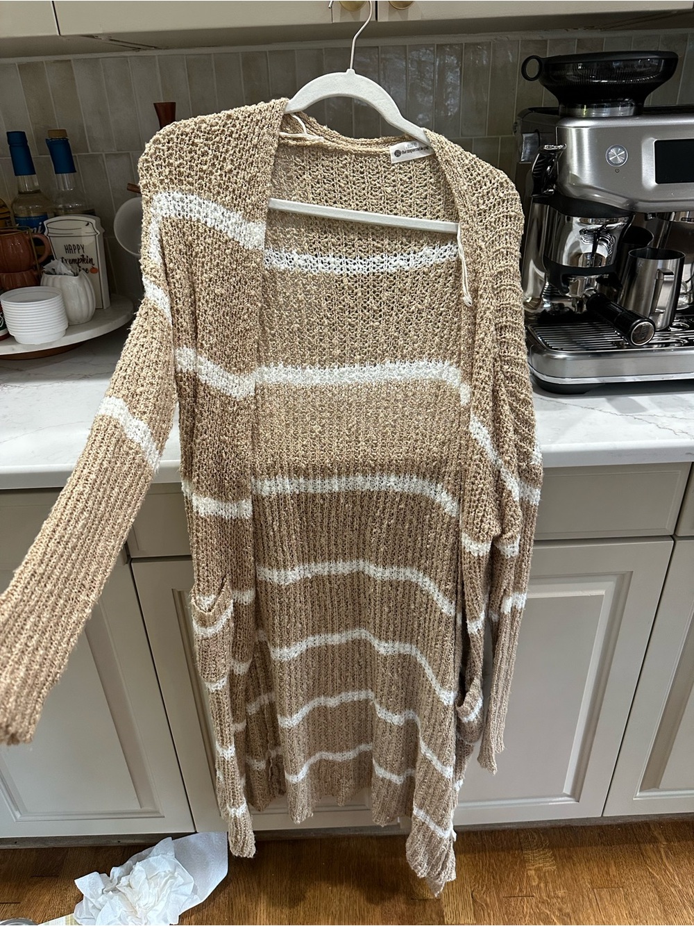 The Impeccable Pig Beige & White Striped Open-Knit Cardigan Duster